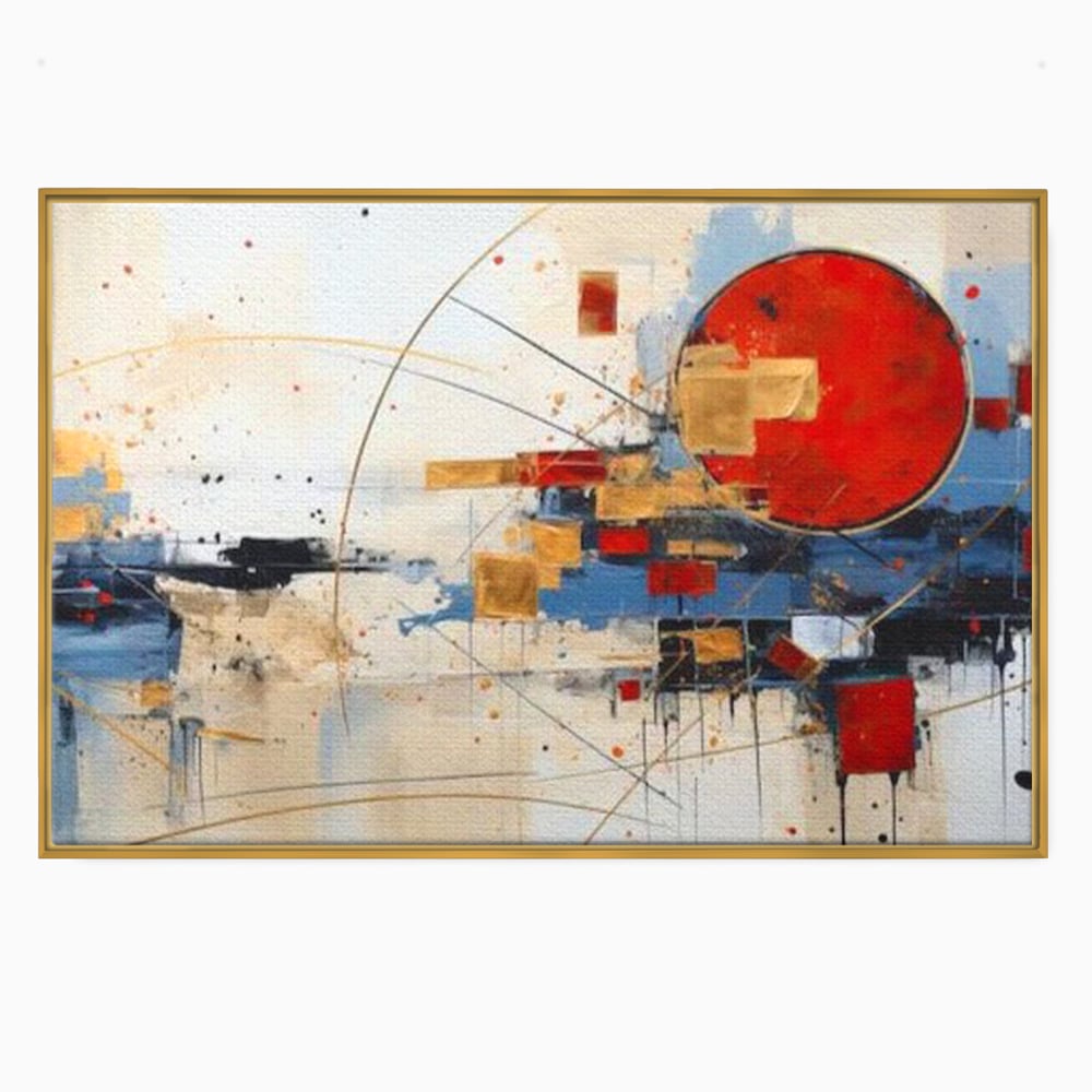 Tablou canvas cu tablou abstract cu cerc rosu si linii, in rama de aluminiu auriu